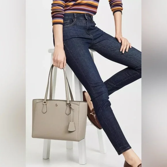 Tory Burch Gray Structured Leather Tote - Picture 1 of 15